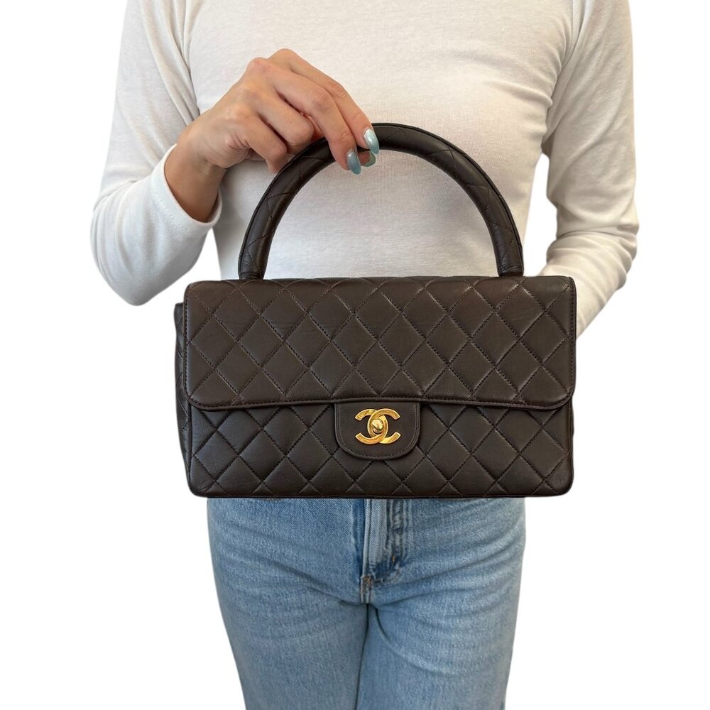 CHANEL Vintage CC Logo Turnlock Quilted Flap Bag Lambskin Brown Gold [106066]